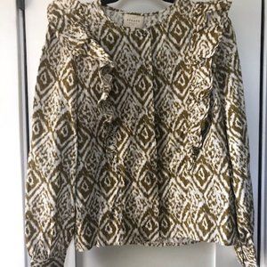 SEZANE NWT Women’s 40 (US 8) Boby Blouse Ikat Kaki Ruffle Detail Shirt Top